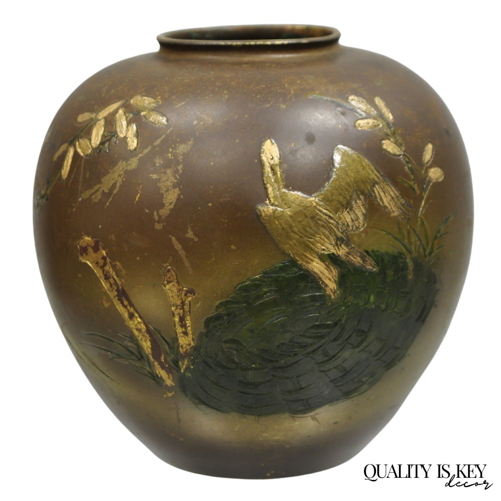 Vintage Chinese Bronze Hand Painted Bird Crane Oriental Bulbous Bud Vase