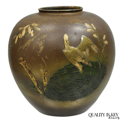 Vintage Chinese Bronze Hand Painted Bird Crane Oriental Bulbous Bud Vase