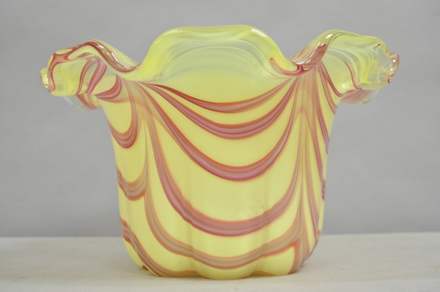 Vintage Murano Italy Hand Blown Glass Yellow Swirl Handkerchief Vase Bowl