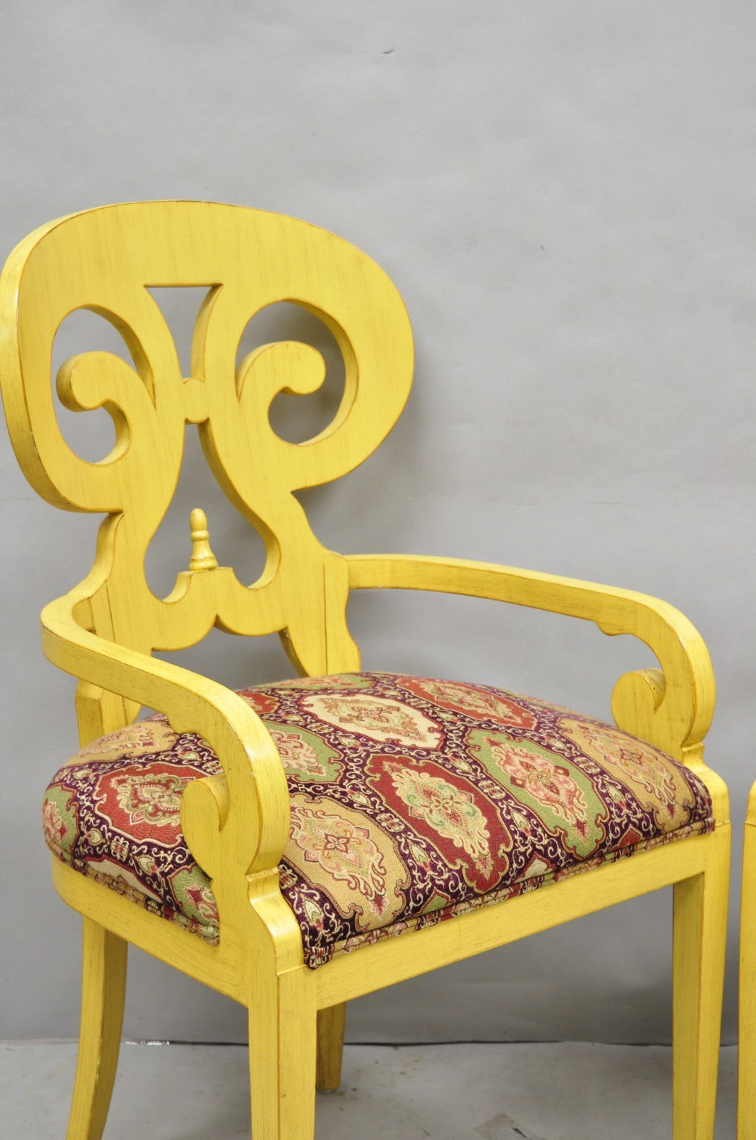 Contemporary Regency Style Red Green Yellow Scroll Back Dining Chairs - Set of 8