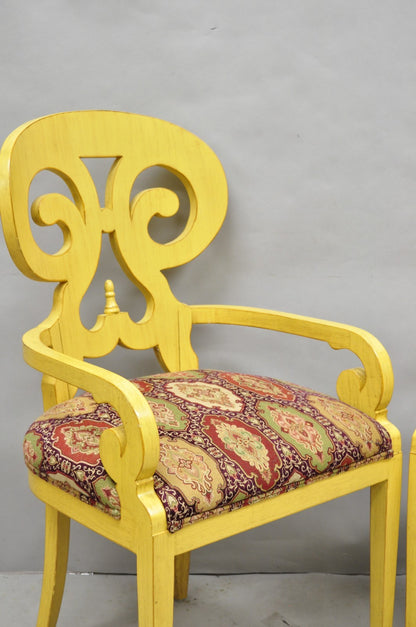 Contemporary Regency Style Red Green Yellow Scroll Back Dining Chairs - Set of 8