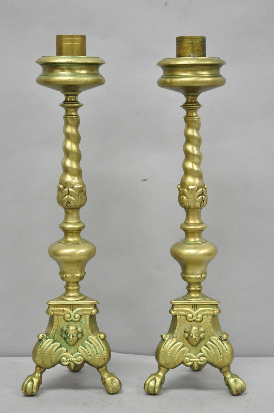 Vintage French Renaissance Brass Figural Candlestick Pricket Candleholder a Pair