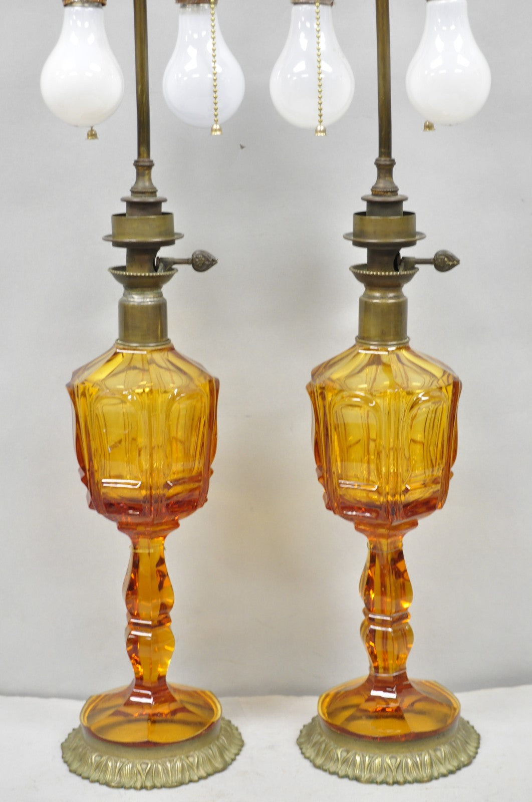 Antique French Victorian Amber Glass & Bronze Converted Oil Lamp Table Lamp Pair