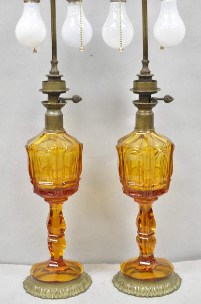 Antique French Victorian Amber Glass & Bronze Converted Oil Lamp Table Lamp Pair
