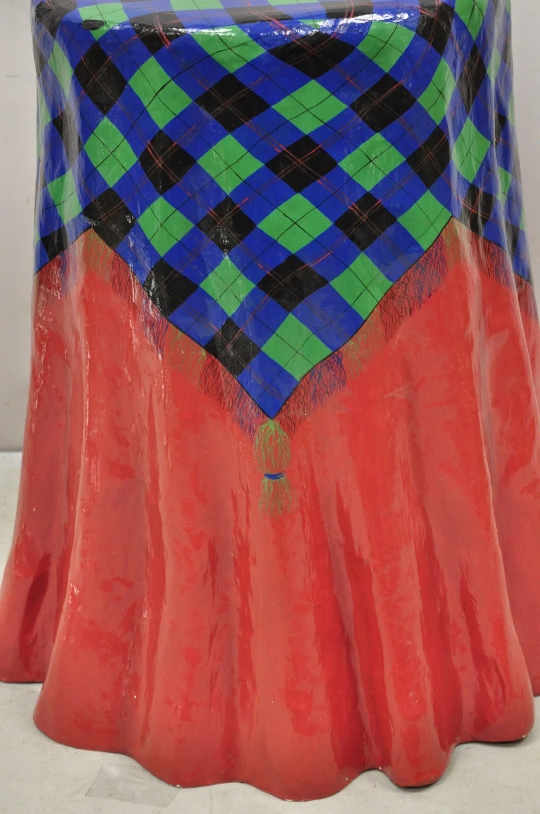 Vintage Paper Mache Red Blue Green Tartan Painted "Tablecloth" Drape Side Table