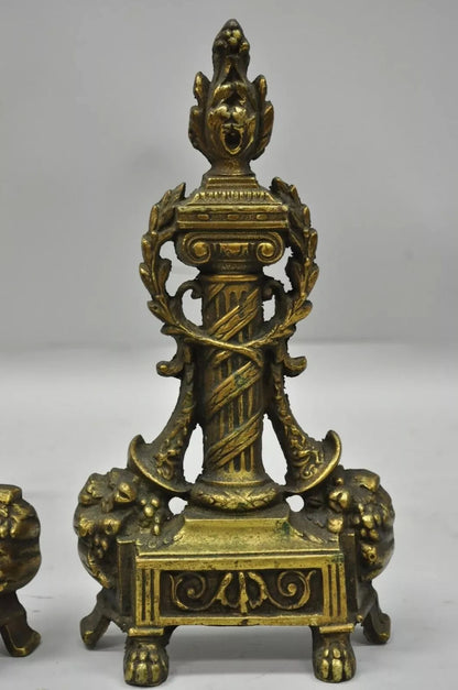 Vintage French Empire Style Brass Column & Flame Finial 13" Andirons - a Pair