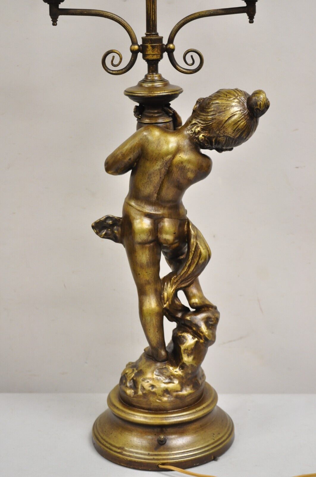 Vintage French Renaissance Metal Figural Girl Cherub Putti Candelabra Table Lamp