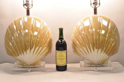 Mid Century Modern Iridescent Gold Ceramic Pottery Clam Shell Table Lamp - Pair