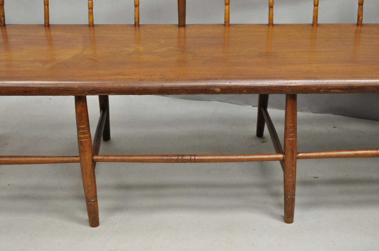 Antique American Colonial Farmhouse Spindle Back Pine Wood 8 Leg 72" Long Bench