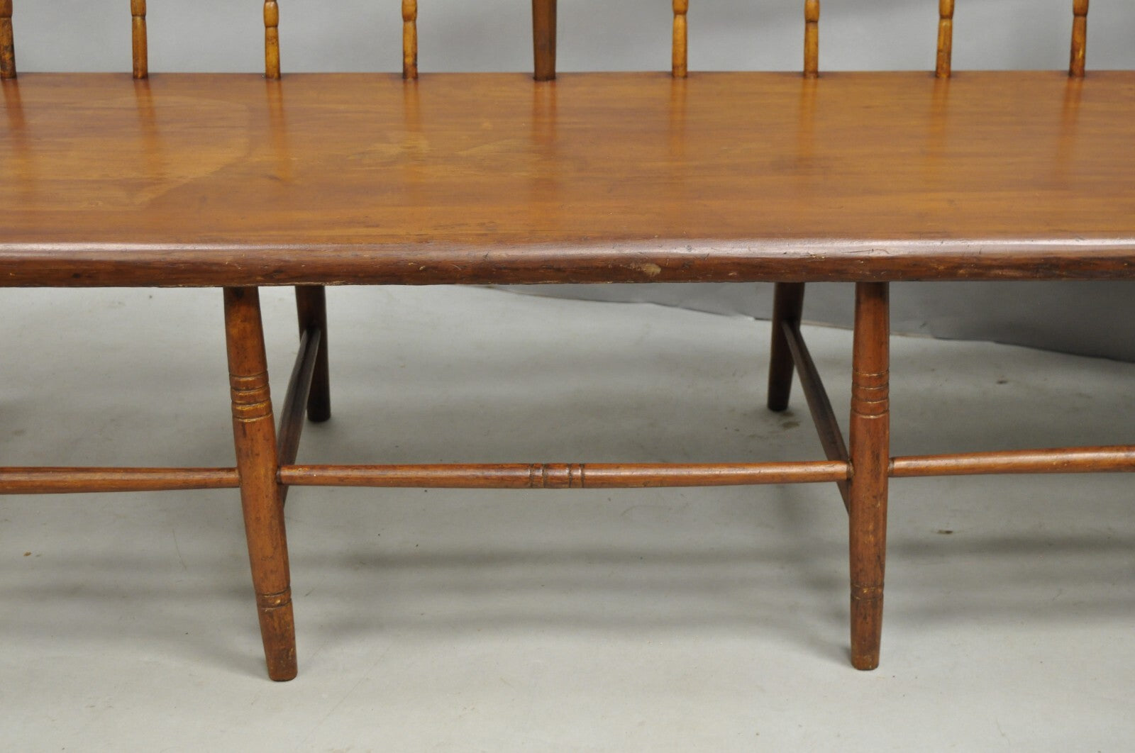 Antique American Colonial Farmhouse Spindle Back Pine Wood 8 Leg 72" Long Bench