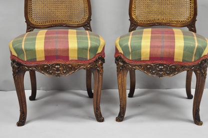 Antique French Country Louis XV Carved Walnut Cane Back Side Chairs - a Pair