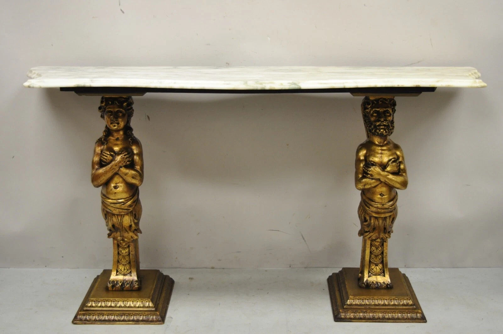 Vintage French Renaissance Victorian Style Gold Figural Marble Top Console Table