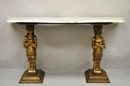Vintage French Renaissance Victorian Style Gold Figural Marble Top Console Table