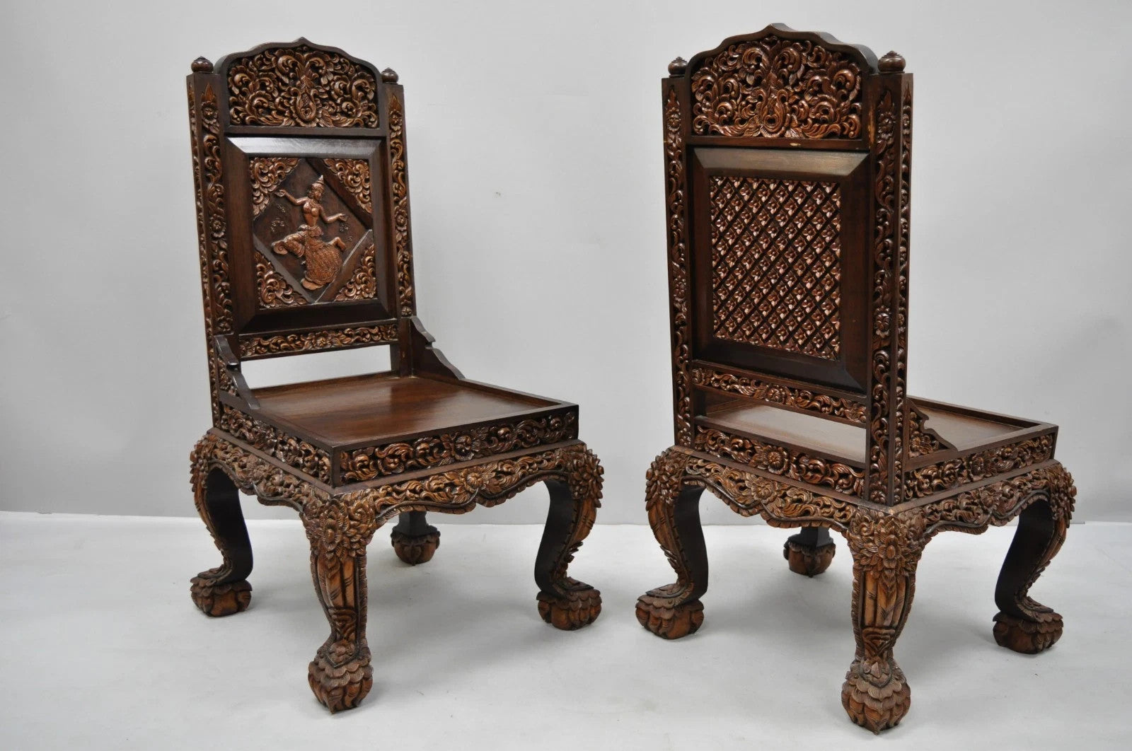 Vintage Chinoiserie Thai Oriental Carved Teak Wood Dining Side Chairs - a Pair