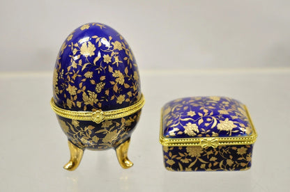 Vintage Cobalt Blue Porcelain Egg Gold Gilt Hinged Lid Candle Trinket Box - 2 Pc