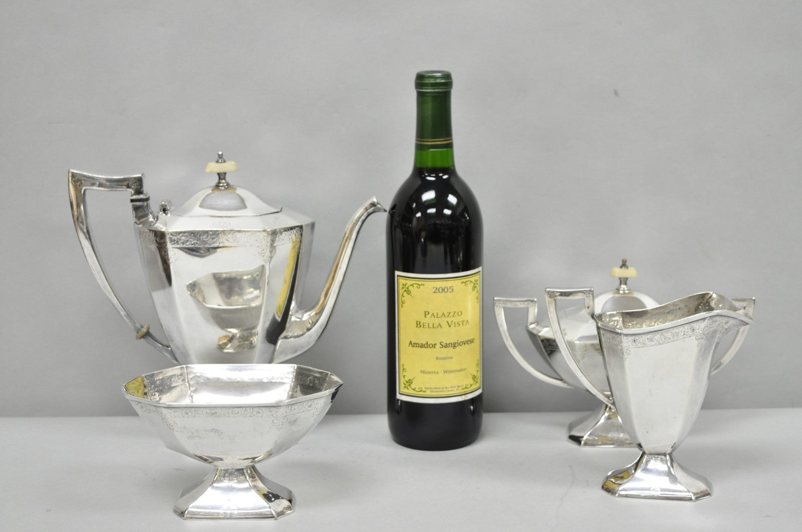 Antique English Art Deco Silver Plated Tea Service Set by BSCEP (5329) - 4 Pcs