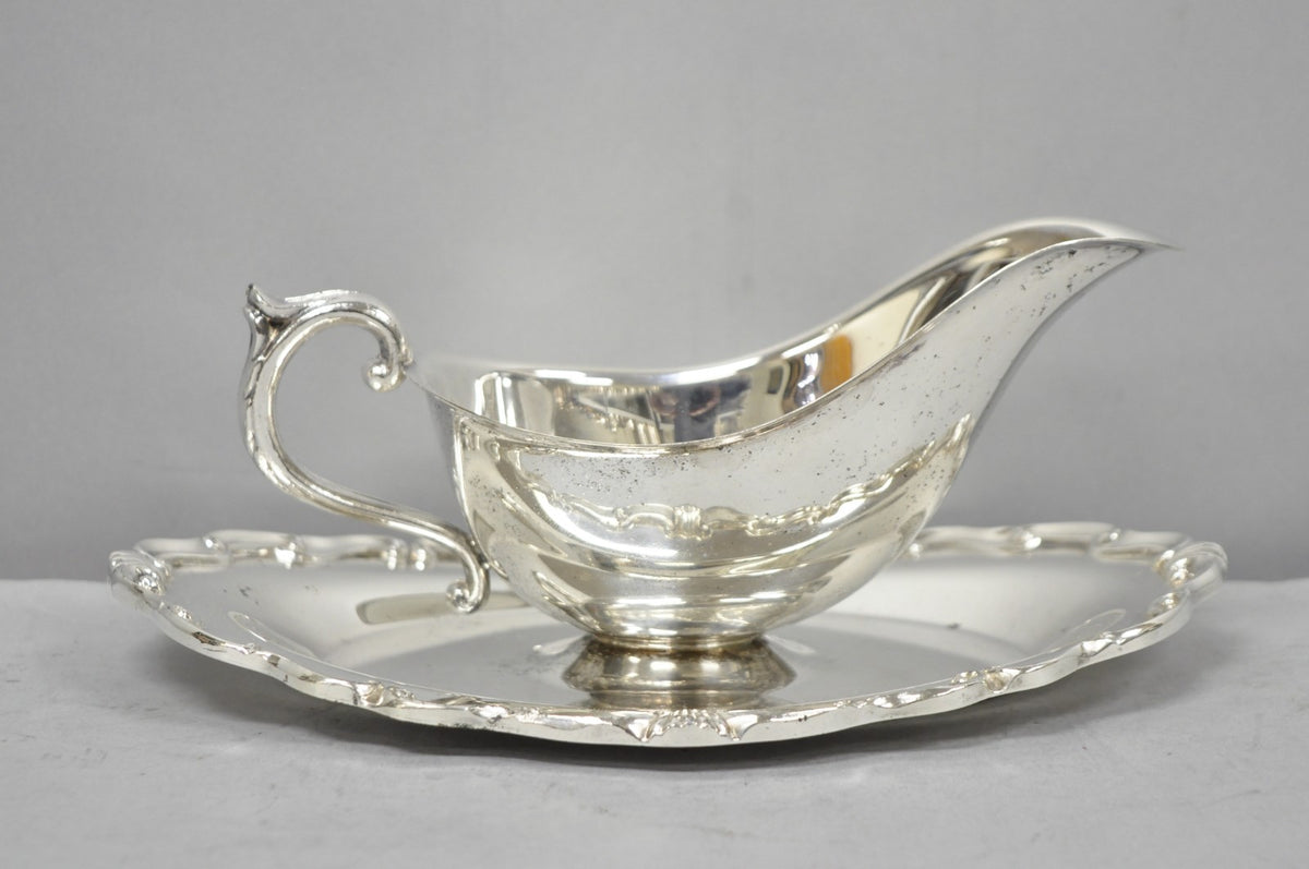 Vintage Victorian Style Silver Plated Gravy Sauce Boat w/ Attached Dish