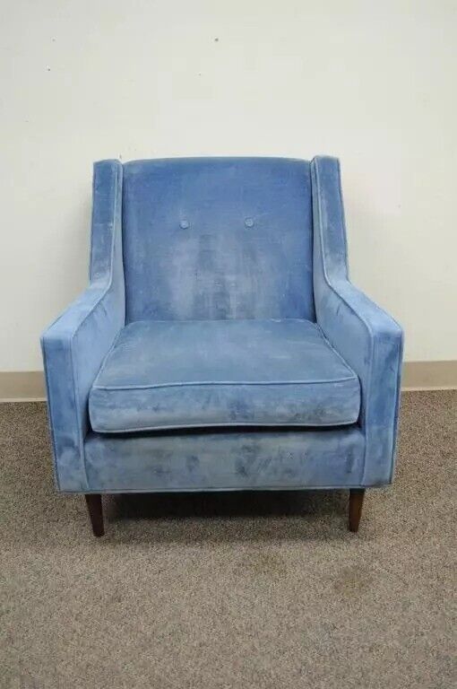 Vintage Mid Century Modern Walnut Frame Blue Club Lounge Chair after Paul McCobb