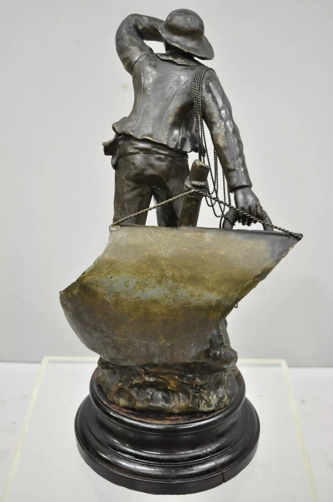 Antique French Spelter Metal Sailor Watchman on Ship Wooden Base, Made in France
