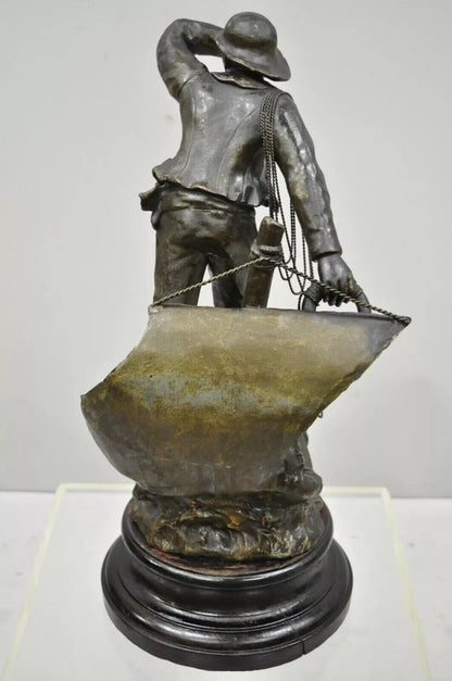 Antique French Spelter Metal Sailor Watchman on Ship Wooden Base, Made in France