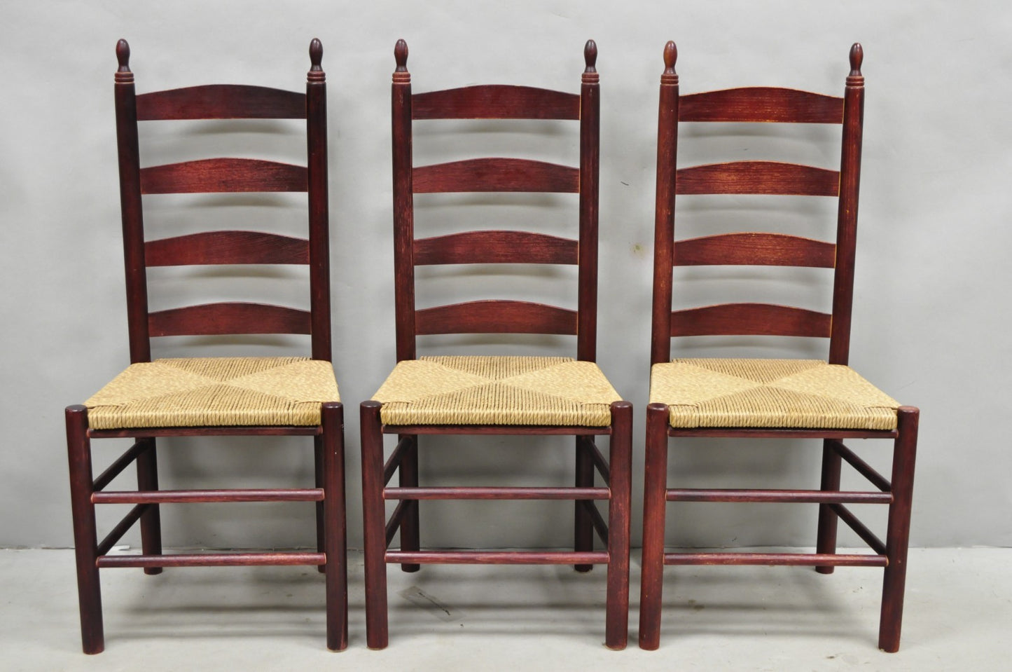 Primitive Rustic Ladder Back Woven Rush Seat Dining Side Chairs - Set of 6