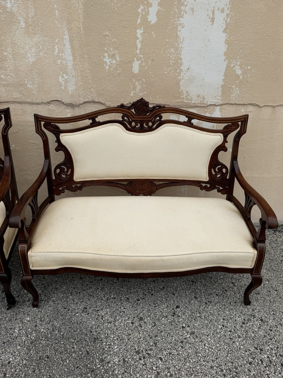 Antique Victorian Carved Mahogany Inlaid Parlor Set Sofa and 4 Chairs - 5 Pcs