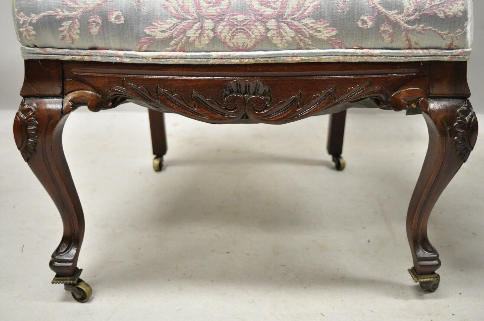 Victorian Floral Scrollwork Carved Mahogany Parlor Slipper Side Chairs - a Pair