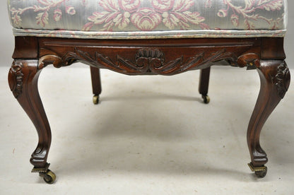 Victorian Floral Scrollwork Carved Mahogany Parlor Slipper Side Chairs - a Pair