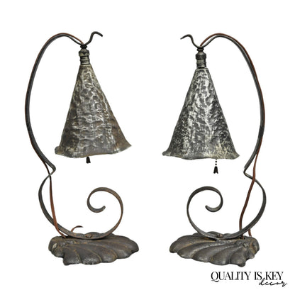 Antique Arts & Crafts Hand Hammered Metal Small Lantern Table Lamps - a Pair