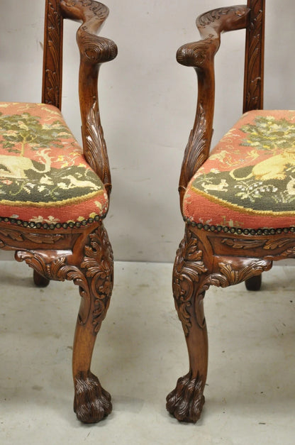 Maitland Smith Georgian Carved Mahogany Needlepoint Dining Arm Chairs - a Pair