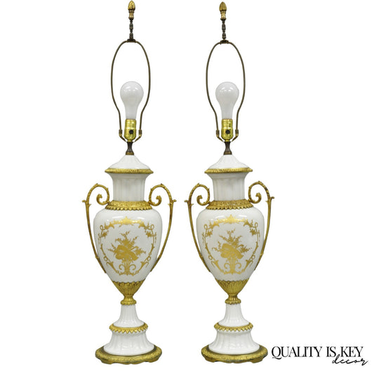 Antique French Louis XV Hand-Painted Porcelain Urn Bronze Table Lamps - a Pair