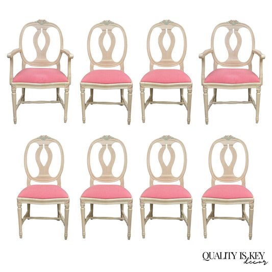 Vintage French Country Gustavian Cerused Pink Rose Dining Chairs - Set of 8