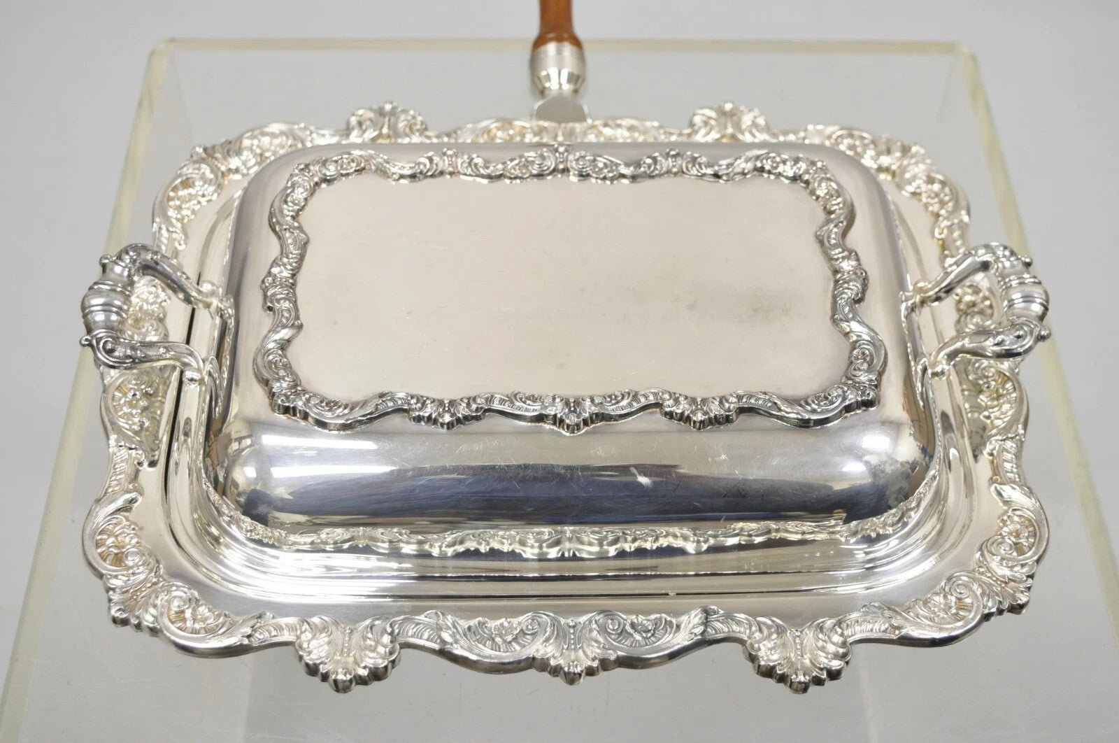 Vintage Poole Silver Co Victorian Silver Plated Serving Platter w/ Wooden Handle