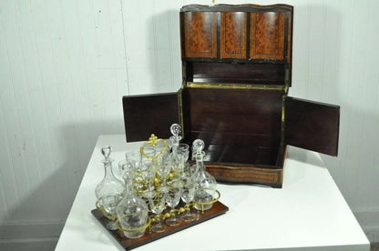 Antique French Brass Inlay Tantalus Box Cordial Decanter Set Liquor Cabinet