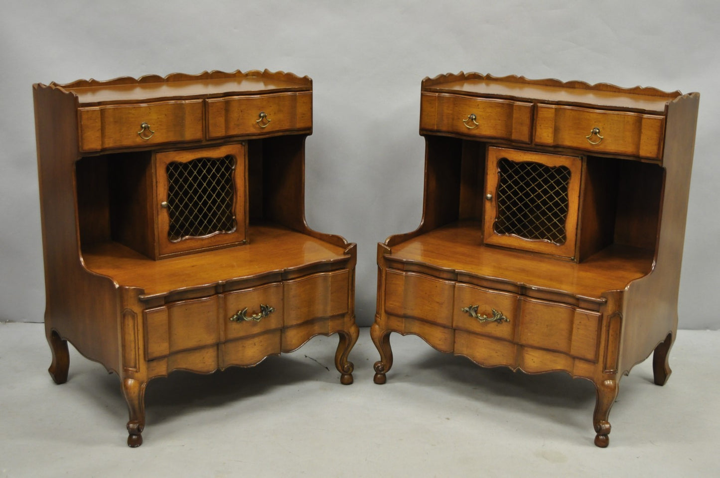 Vintage French Country Provincial Walnut Fruitwood Step Nightstands - a Pair