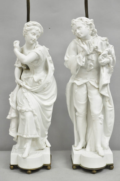 Victorian White Parian Porcelain Figural Bisque Man and Woman Table Lamps, Pair