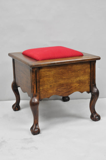 Antique Flip Top Georgian Chippendale Style Mahogany Shoe Shine Box Footstool