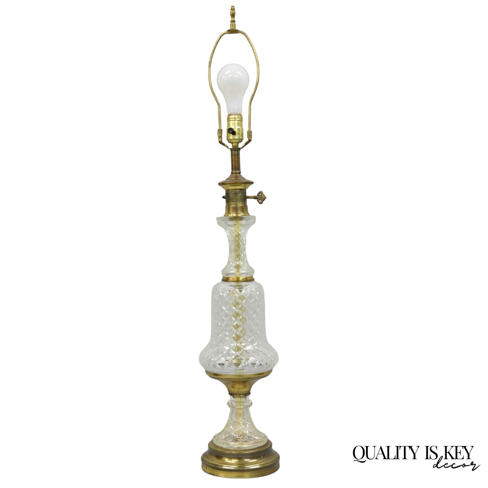 Vintage French Empire Style Crystal Glass Pineapple Column Brass Table Lamp