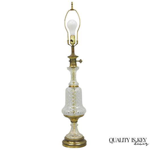 Vintage French Empire Style Crystal Glass Pineapple Column Brass Table Lamp