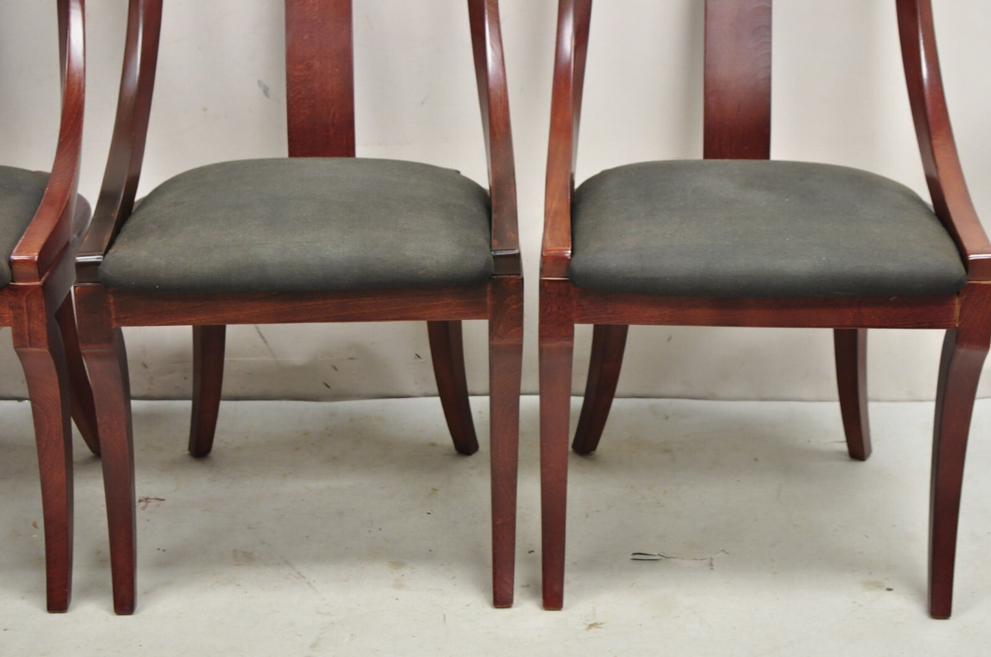 French Empire Regency Style Cherry Wood Saber Leg Dining Side Chairs - Set of 4
