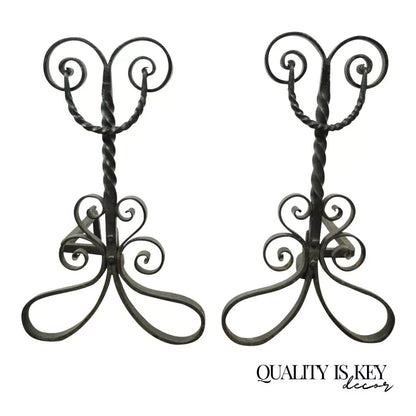 Antique Arts & Crafts Art Nouveau Black Wrought Iron Scrolling Andirons - a Pair