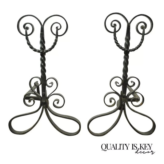 Antique Arts & Crafts Art Nouveau Black Wrought Iron Scrolling Andirons - a Pair