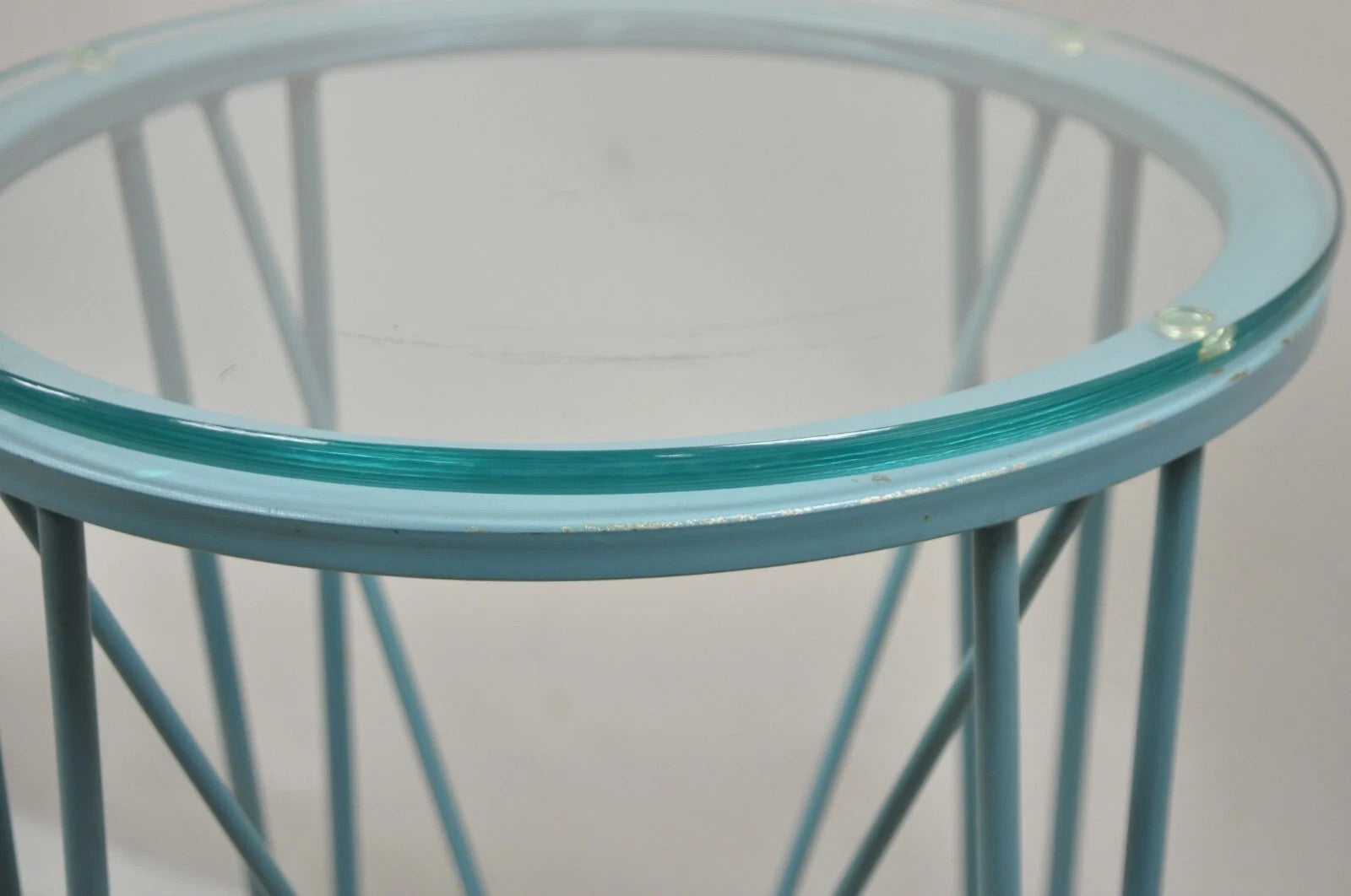 Postmodern Blue Wrought Iron "Skyscraper" Glass Top Pedestal Stand Side Table