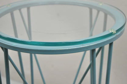 Postmodern Blue Wrought Iron "Skyscraper" Glass Top Pedestal Stand Side Table