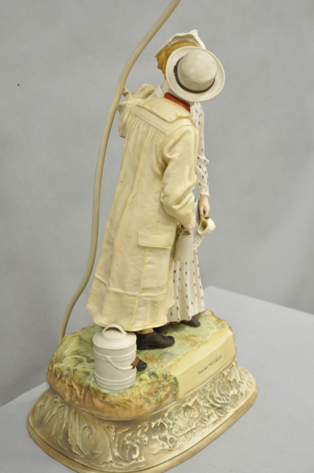 Antique Large Victorian Bisque "Taking The Cream" Porcelain Figure Table Lamp