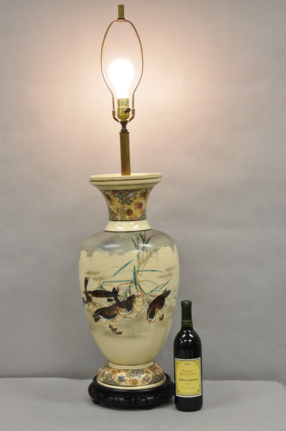 Antique Oriental Oversized Porcelain Satsuma Vase Japanese Table Lamp w/ Geese