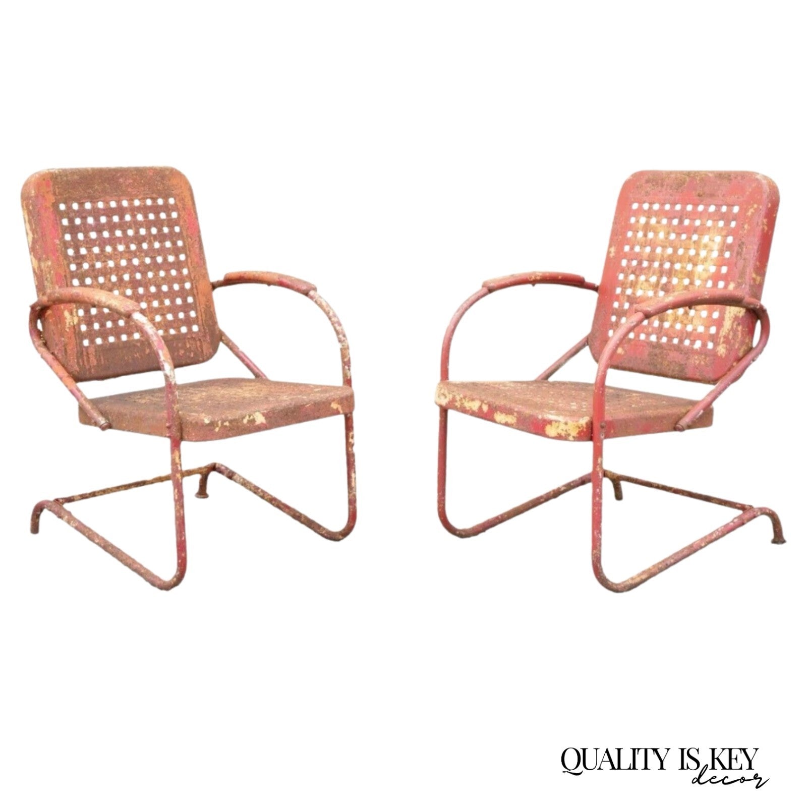 Antique Art Deco Basketweave Red Distress Paint Bouncer Garden Chairs - a Pair