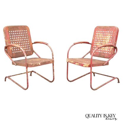 Antique Art Deco Basketweave Red Distress Paint Bouncer Garden Chairs - a Pair