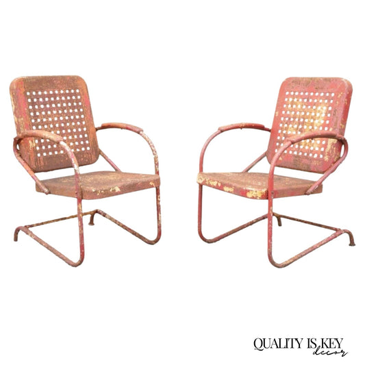 Antique Art Deco Basketweave Red Distress Paint Bouncer Garden Chairs - a Pair
