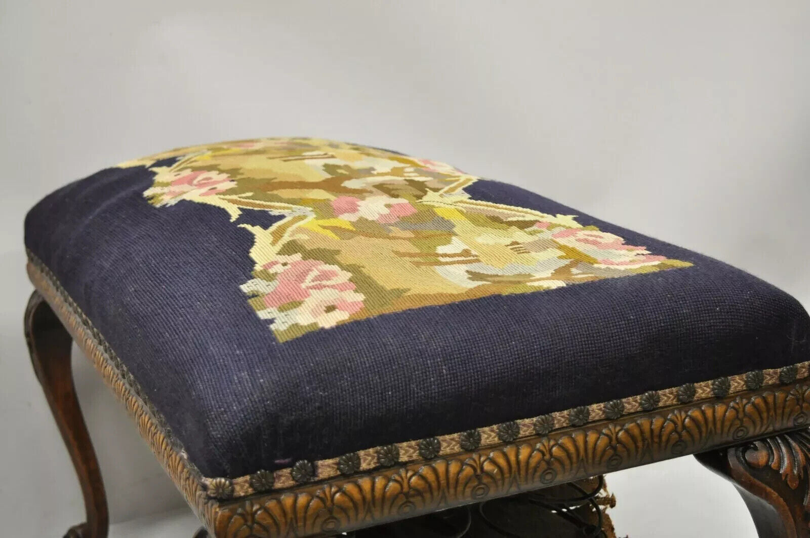 Antique French Victorian Needlepoint Carved Mahogany Cabriole Leg Bench